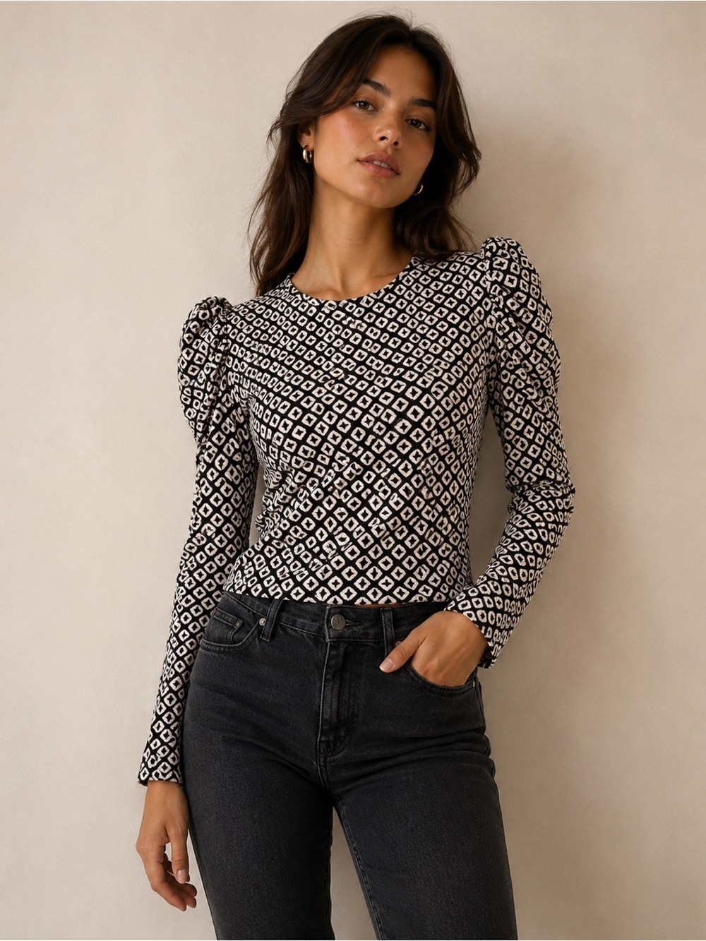 𝅺grace Karin Geometric Print Puffs Sleeve Top Size S